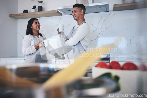 Image of Kitchen, laughing and home couple with coffee, latte or morning drink mug for wellness, relax and storytelling conversation. Breakfast, chef and funny woman, man or marriage people ready for cooking