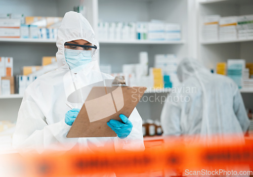 Image of Pharmacy clipboard, red tape and people inspection of hospital medicine, clinic investigation or safety review. Healthcare policy checklist, team PPE or compliance teamwork on medical product storage