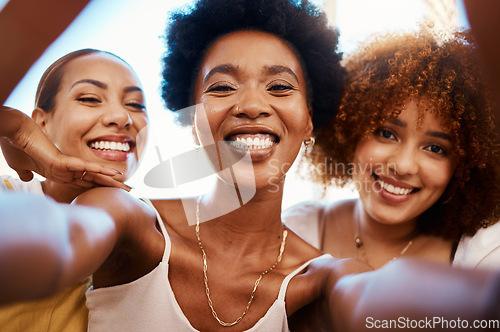 Image of Happy, friends and selfie of African women together on social media, profile picture and post of summer holiday or vacation. People, smile and portrait with happiness in online blog or memory