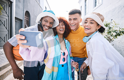 Image of Friends, selfie and city with smile, gen z and laugh of university students for social media. Profile picture, portrait and diversity of young people on a urban street on vacation with trendy fashion