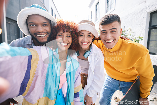 Image of Friends, selfie and city with happy, gen z and smile of university students for social media. Profile picture, portrait and diversity of young people on a urban street on vacation with trendy fashion