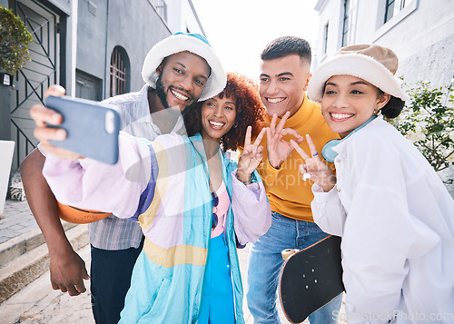 Image of Friends, selfie and city with peace sign happy, gen z and smile of university students for social media. Profile picture, portrait and diversity of young people on a street on vacation with fashion