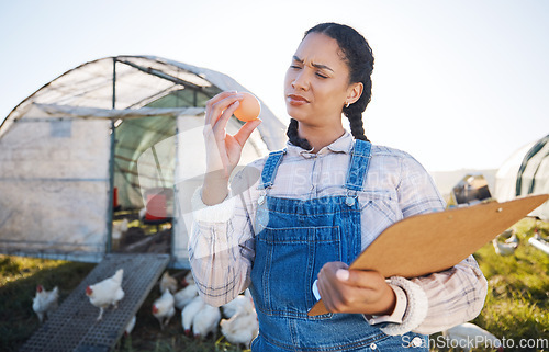 Image of Farm, thinking and a woman with an egg for inspection and a clipboard for quality control. Chicken farming, sustainability and confused farmer person with organic produce outdoor for agriculture