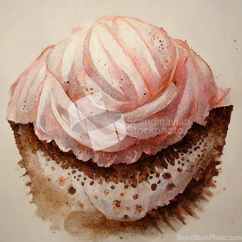 Image of Pink watercolor cupcake decorated with fruits. Delicious vanilla