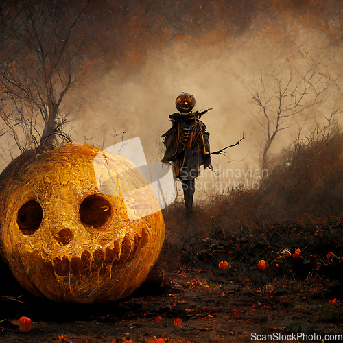 Image of Pumpkin In Graveyard In The Spooky Night - Halloween Backdrop.