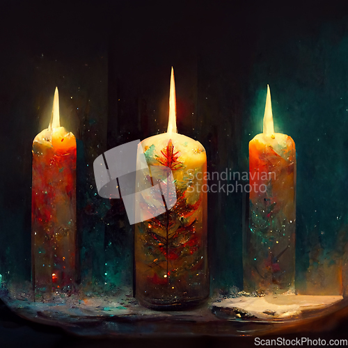 Image of Three candles with warm atmosphere. Candlelight Christmas card t