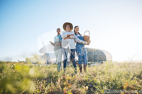 Image of Women, farmer team and together on a farm for inspection, production and quality control. Farming, sustainability and portrait of group of people with produce outdoor and teamwork in countryside