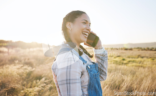 Image of Happy woman, farm or phone call for talking, speaking or networking with contact in conversation. Smile, farmer or small business owner on mobile communication for agriculture or sustainability ideas