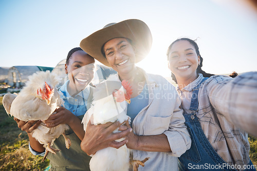 Image of Happy, selfie or farmers on a chicken farm farm or field harvesting poultry livestock in small business. Social media, smile or portrait of women with animal birds to take photo for farming memory