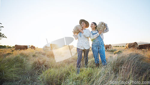 Image of Farmer, women and agriculture, field and sack of grain with sustainability, partnership and livestock. Cow farm, agro business and team, countryside and environment with support, sunrise and nature