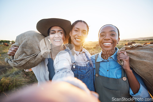 Image of Agriculture, selfie and woman friends on farm for cattle, livestock or feeding together. Portrait, happy and farmer team smile for profile picture, social media or agro startup or small business blog