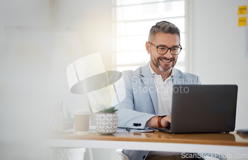 Image of Happy business man typing on laptop for email update, online project and reading digital report with mockup space. Mature manager, entrepreneur and working on computer for research, planning and info