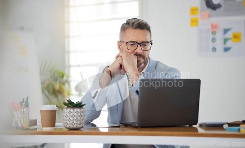 Image of Laptop, thinking and error with a business man in the office for problem solving an issue as a manager. Computer, 404 and confused with a corporate employee in doubt about an idea, report or info