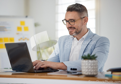 Image of Business man, smile and typing on laptop for network update, online insight and review digital report. Happy mature manager, entrepreneur and working on computer for research, planning admin and info