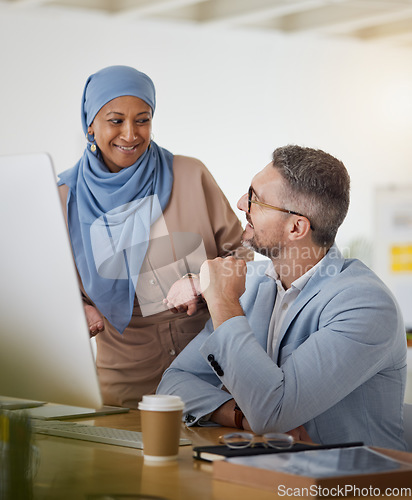 Image of Training, question and computer with business people in office for creative, diversity and coaching. Teamwork, collaboration and feedback with employees in agency for website, mentor and designer