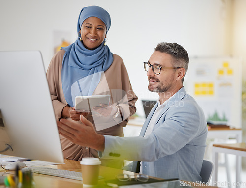 Image of Computer, business people and Muslim woman mentor with feedback and support in work discussion. Office, communication and email marketing help with employee training and management at a SEO company