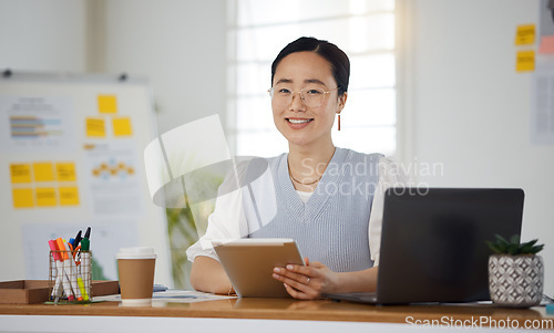 Image of Portrait of Asian woman in office with smile, tablet and research for business website, online report or social media. Internet, digital app and businesswoman at desk with web schedule and confidence