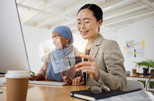 Image of Banking, credit card and woman at customer service desk for online shopping for advice from a consultant. Muslim, asian and professional consulting a customer on rewards purchase on business website