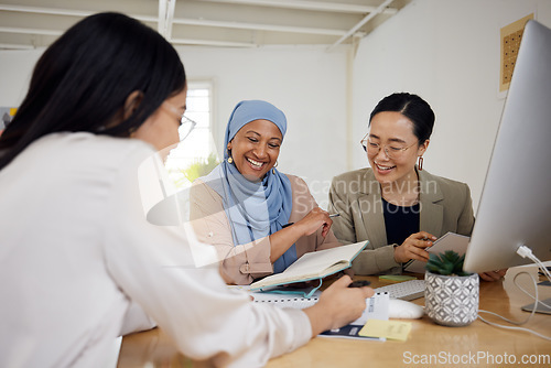 Image of Meeting, business people and Muslim woman with team planning and data in work discussion. Office, communication and working employees group with talk and branding management review at a company