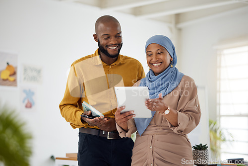 Image of Business people, tablet and teamwork or planning for marketing, website design and management in office. African man and woman on digital technology for online news, startup and project collaboration