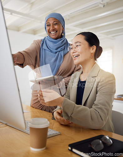 Image of Computer, business women and Muslim mentor with feedback and website support in work discussion. Office, communication and email marketing help with employee training and management at a SEO company