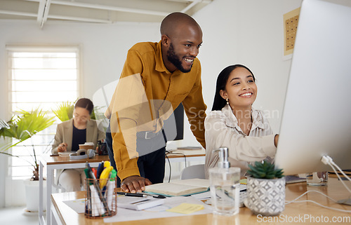 Image of Training, consulting and computer with business people in office for creative, planning and coaching. Teamwork, collaboration and feedback with employees in digital agency for website and designer