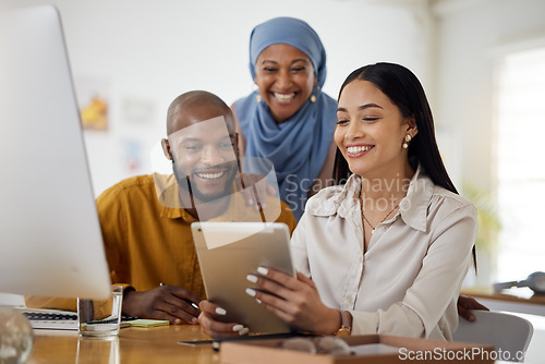 Image of Happy creative people, tablet and meeting in teamwork, online collaboration or research at office. Group of employees smile on technology in communication or networking for startup at the workplace