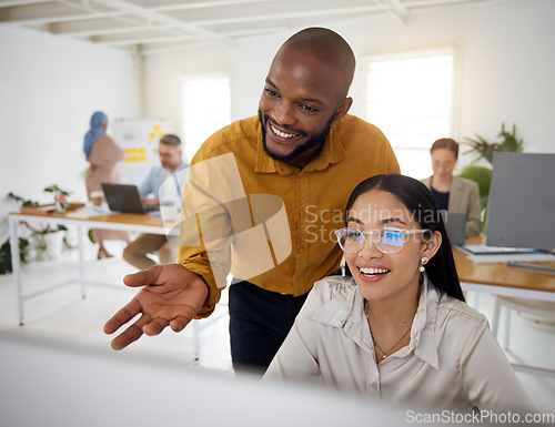 Image of Training, teamwork and computer with business people in office for creative, planning and coaching. Consulting, collaboration and feedback with employees in digital agency for website and designer