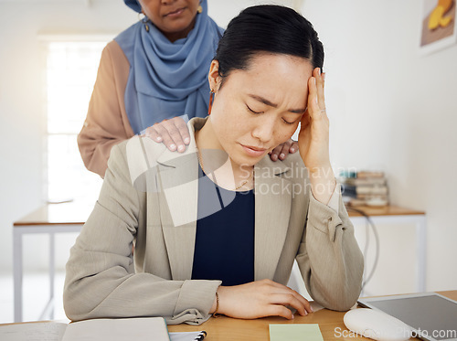 Image of Depression, stress and a business woman with empathy, support and help in an office. Burnout, fired and entrepreneur person with headache, bad news or dismissal with hand of friend on shoulder