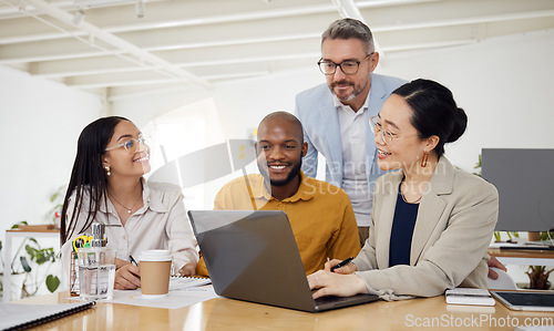 Image of Video call, training and business people on laptop in office for teamwork, plan or collaboration. Online meeting, coaching and team in virtual conference for financial discussion, budget or feedback