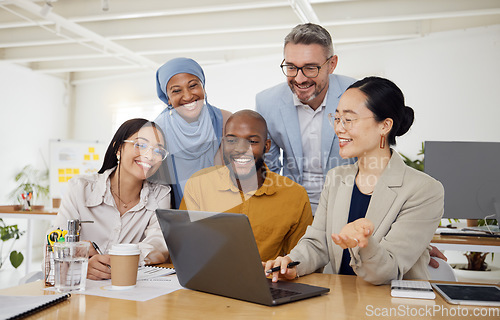 Image of Business people, computer and teamwork or planning for marketing, website design and presentation in office. Group of men and woman on laptop for online news, startup meeting or project collaboration