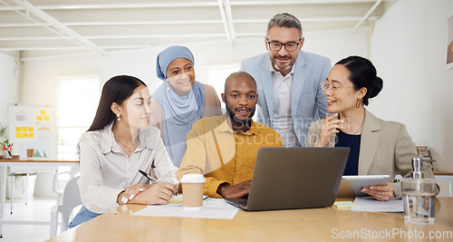 Image of Business people, laptop and team, meeting or planning in marketing, website design and office presentation. Group of men and woman on computer for teamwork, online research and project collaboration