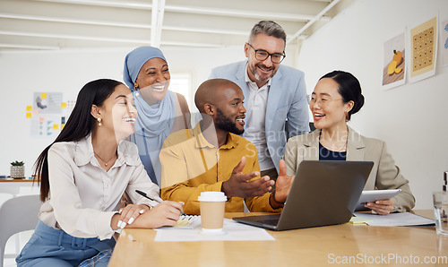 Image of Business people, meeting and computer in group planning in marketing, website design and office presentation. Team of men and woman on laptop for teamwork, funny conversation or project collaboration