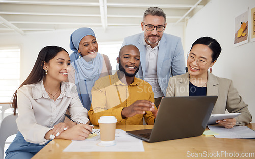 Image of Business people, meeting and laptop for team collaboration planning and website design presentation in office. Diversity group of men and woman on computer for teamwork, marketing training or project