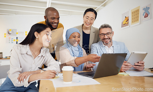 Image of Business people, presentation and laptop for team collaboration, planning and website design meeting in office. Diversity group of men and woman on computer in teamwork, marketing training or project