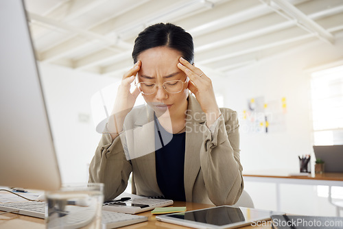 Image of Headache, stress and asian woman in office with problem, mistake or frustrated by computer, bankruptcy or deadline. Anxiety, migraine and Japanese person with brain fog or vertigo in audit or crisis