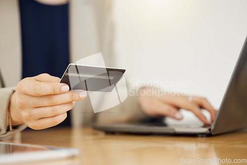 Image of Banking, credit card and hands of business woman with payment on a internet or banking on a laptop. Online, loan and corporate professional or customer use rewards to purchase on ecommerce website