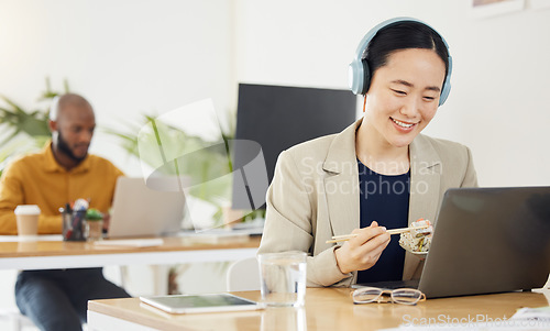 Image of Call center, smile and woman with fast food, lunch or break on laptop in office consulting for crm, contact us or faq. Customer service, telemarketing and lead generation consultant online with sushi