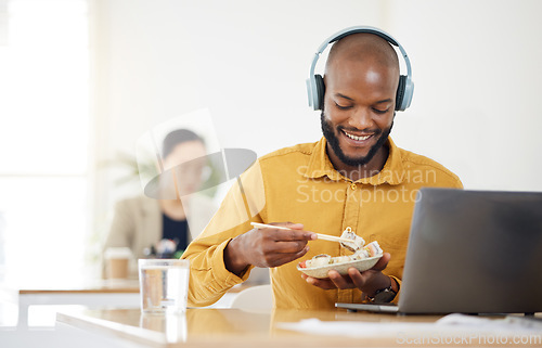 Image of Food, delivery and happy black man with laptop in office for lunch break, eating and meal. Sushi, brunch and African manager online with positive review, survey or feedback for takeout order service