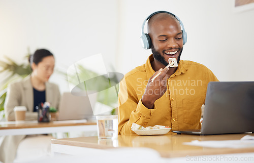 Image of Food, break and black man, call center and lunch with laptop in office while consulting for crm, contact us or faq. Customer service, telemarketing and lead generation consultant online eating sushi