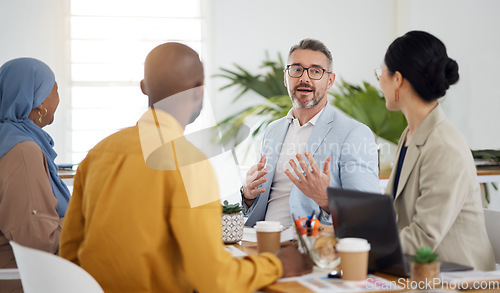 Image of Mentor, planning and teamwork with business people in meeting for brainstorming, project management and partnership. Teamwork, collaboration and solution with employees in office for client proposal