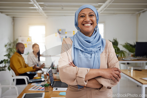 Image of Leadership, Muslim woman portrait and arms crossed of business manager in a office with a smile. Company leader, management and mature female professional with a hijab ready for a team meeting