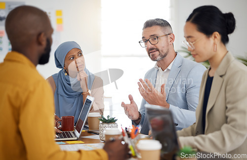 Image of Solution, planning and teamwork with business people in meeting for brainstorming, project management or partnership. Strategy, collaboration and mentor with employees in office for client proposal