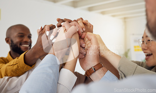 Image of Holding hands, business people and happy support with diversity, partnership and collaboration. Celebration, motivation and company staff with solidarity, community and together with teamwork