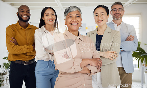 Image of Portrait, business people with arms crossed and team, happy working together with diversity and community. Corporate group, support and confidence with collaboration, mission and professional smile