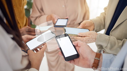 Image of Business people, group and phone mockup screen for advertising, digital marketing and social network. Closeup of employees, hands and search space on mobile for multimedia, app and download UX data
