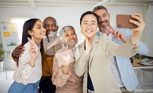 Image of Selfie, smile and group of business people with peace for support, team building and emoji. Diversity, employees and happy friends with v sign for digital profile picture about us on social media