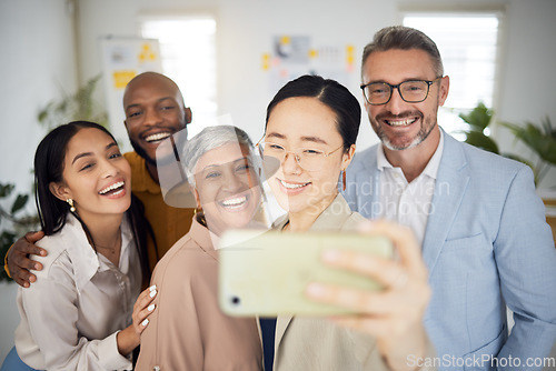 Image of Selfie, smile and group of business people in office for support, trust and global team building. Diversity, employees and happy friends in collaboration for profile picture about us on social media