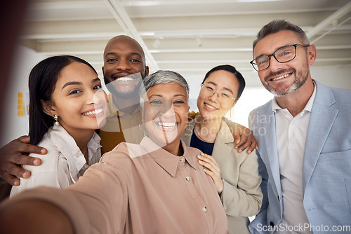 Image of Portrait, selfie and team of business people smile in office for global staff collaboration. Diversity, happy employees or friends in profile picture about us on social media blog for company culture