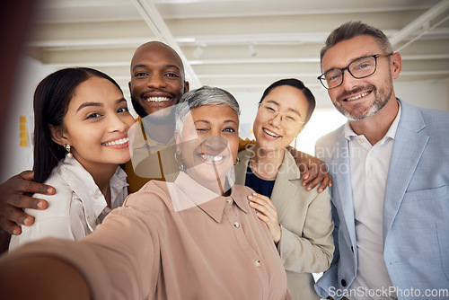 Image of Happy selfie, portrait and team of business people smile in office for global staff collaboration. Diversity, employees or friends in profile picture about us on social media blog in startup together